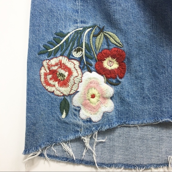 Zara Floral Embroidered Raw Hem Denim Skirt - Picture 4 of 6